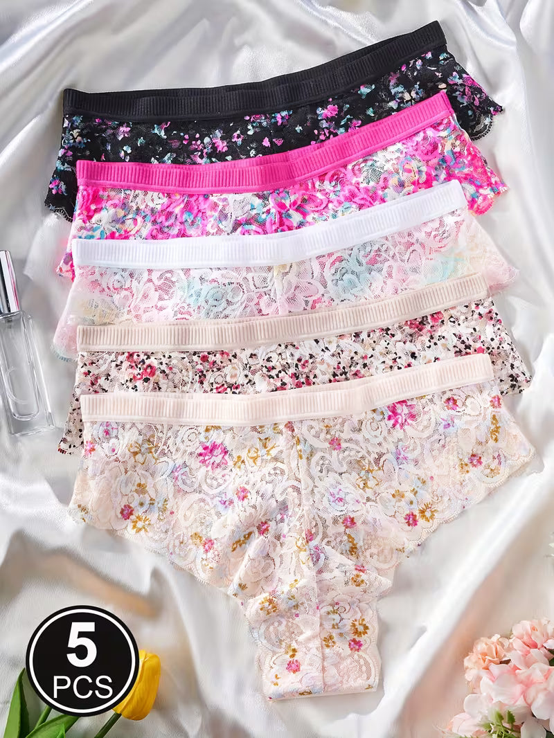 5pcs Semi Sheer Floral Printing Lace Panties Women Briefs Underwear