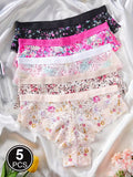 5pcs Semi Sheer Floral Printing Lace Panties Women Briefs Underwear