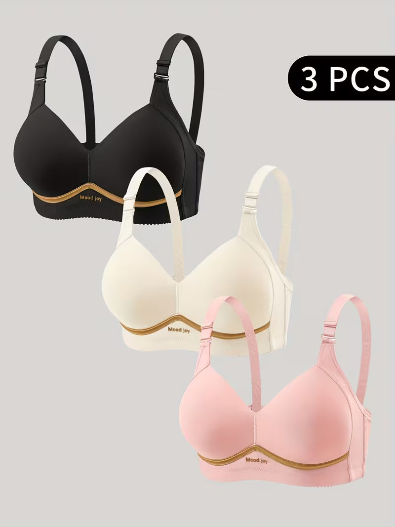 A Set of 3 Solid Color Bras Adorned with Letters, Breathable & Suitable for Summer Seasons