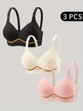 A Set of 3 Solid Color Bras Adorned with Letters, Breathable & Suitable for Summer Seasons