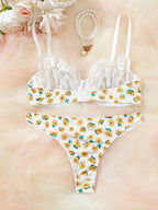 Women's Lace Bra & Panty Set - Floral Print Low-Rise Matching Underwear with Adjustable Strap Bra, Soft Lace Coverage,