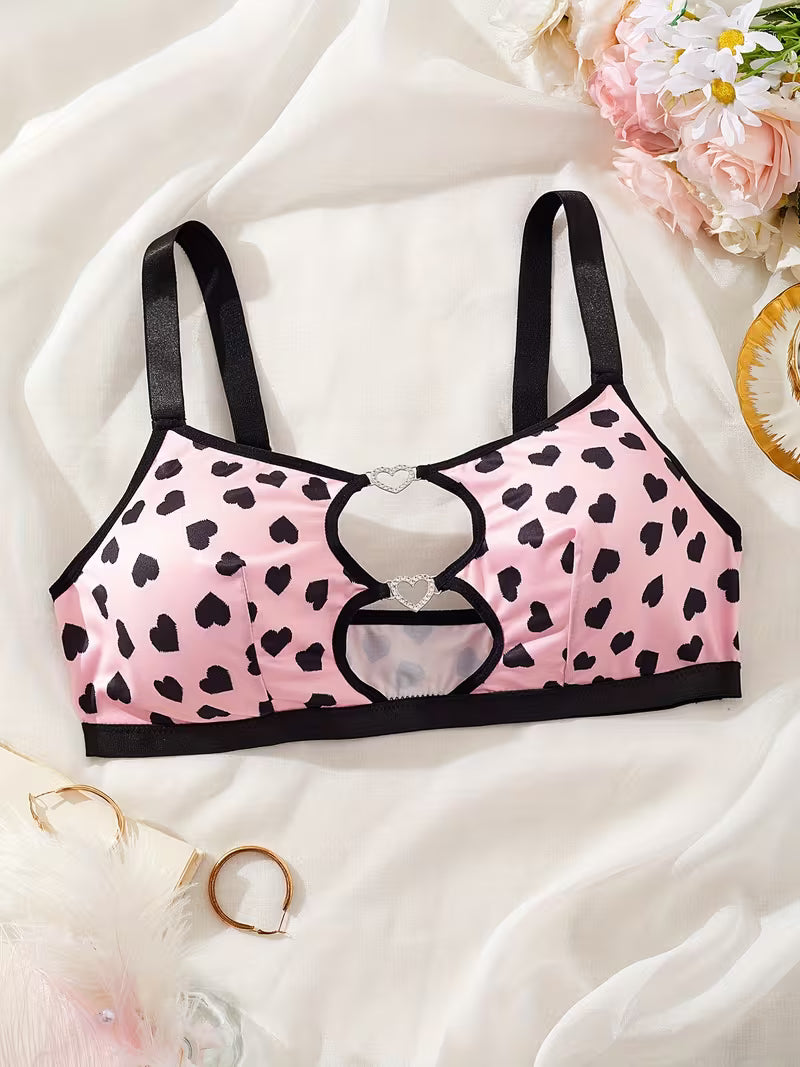 women's lingerie with multicolored cow print, milk front design with cutouts and heart-shaped diamond buckle