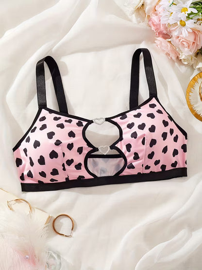 women's lingerie with multicolored cow print, milk front design with cutouts and heart-shaped diamond buckle