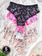 5pcs Semi Sheer Floral Printing Lace Panties Women Briefs Underwear
