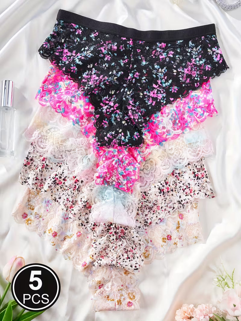 5pcs Semi Sheer Floral Printing Lace Panties Women Briefs Underwear