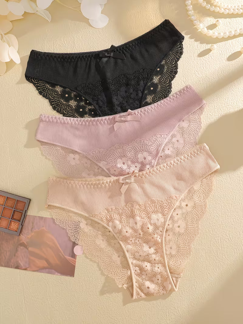 3-Pack Sexy Low-Waist Lace Briefs with Bowknot Breathable and Sexy Solid Color Design | TP