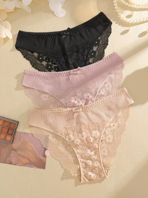 3-Pack Sexy Low-Waist Lace Briefs with Bowknot Breathable and Sexy Solid Color Design | TP