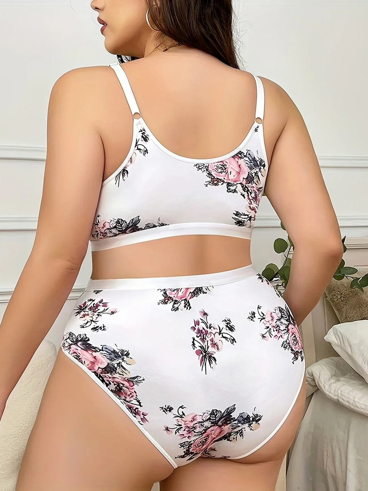 Floral Printed Bra, Daily Casual And Comfortable Medium Stretch Cross-Strap Bra And Panties Set