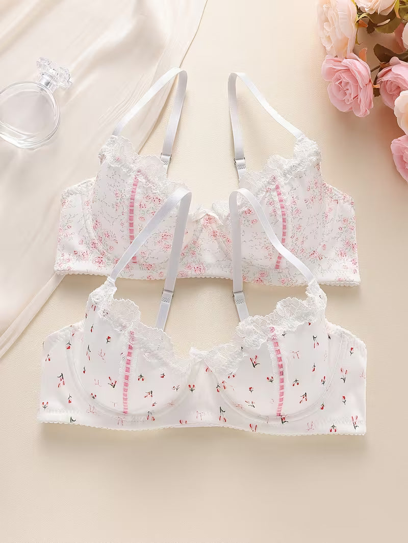 Set of 2 Women'S Bras with Underwire for Support And Shaping, Featuring Floral Lace Accents And Bow Decorations