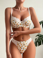 Women's Lace Bra & Panty Set - Floral Print Low-Rise Matching Underwear with Adjustable Strap Bra, Soft Lace Coverage,