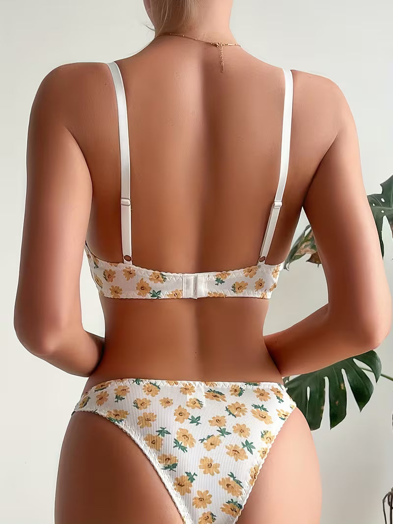 Women's Lace Bra & Panty Set - Floral Print Low-Rise Matching Underwear with Adjustable Strap Bra, Soft Lace Coverage,