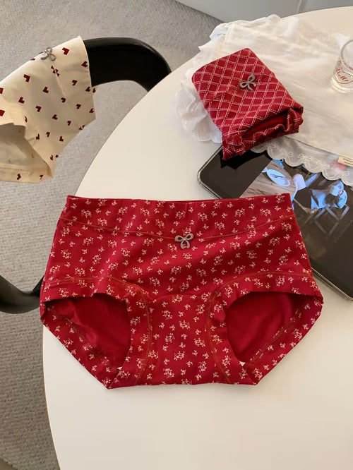 3pcs Women'S Comfortable Breathable Printed Mid-Waist Panties | Red Drop Waist Boyshorts with Extended Crotch