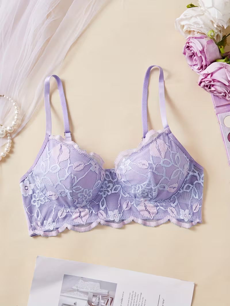 Women's Sexy Embroidered Lace Spliced Lip Print Floral Pattern Underwire Bra