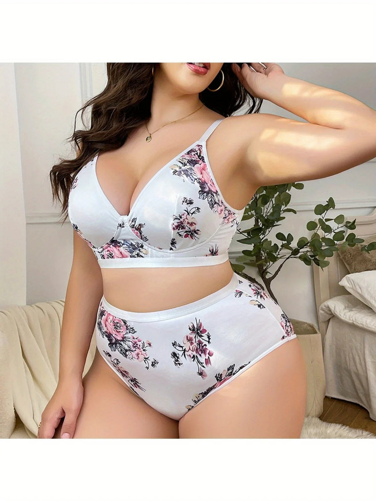 Floral Printed Bra, Daily Casual And Comfortable Medium Stretch Cross-Strap Bra And Panties Set