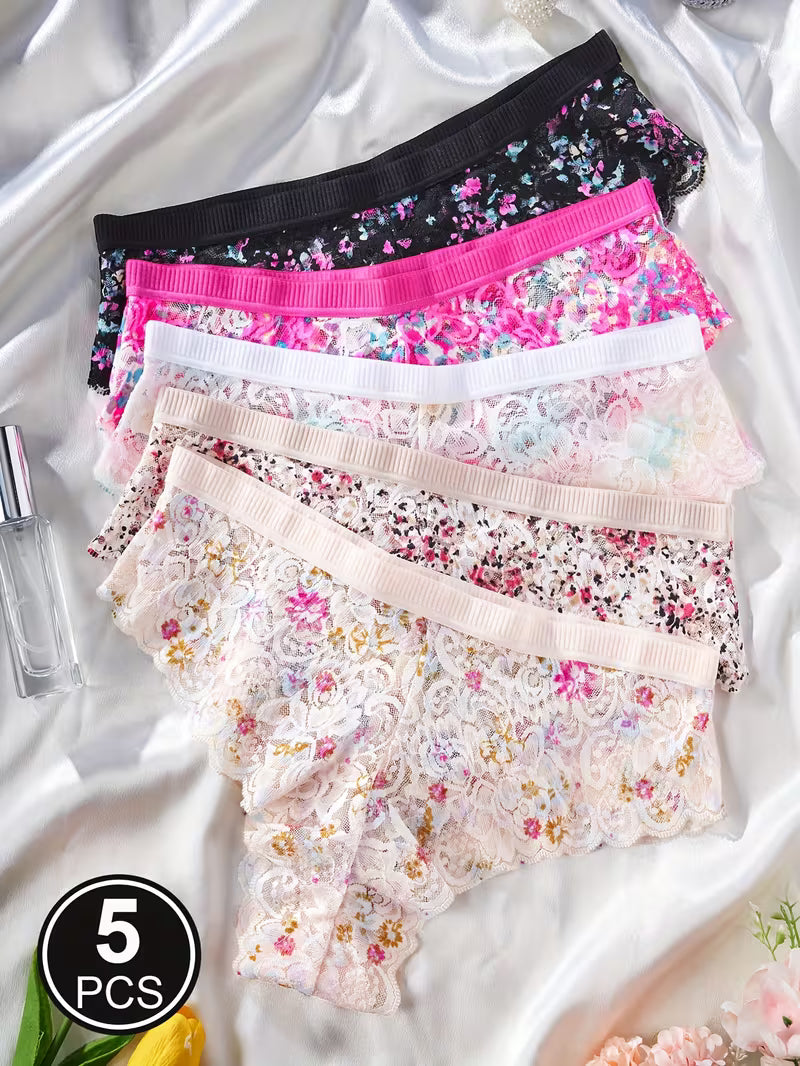 5pcs Semi Sheer Floral Printing Lace Panties Women Briefs Underwear
