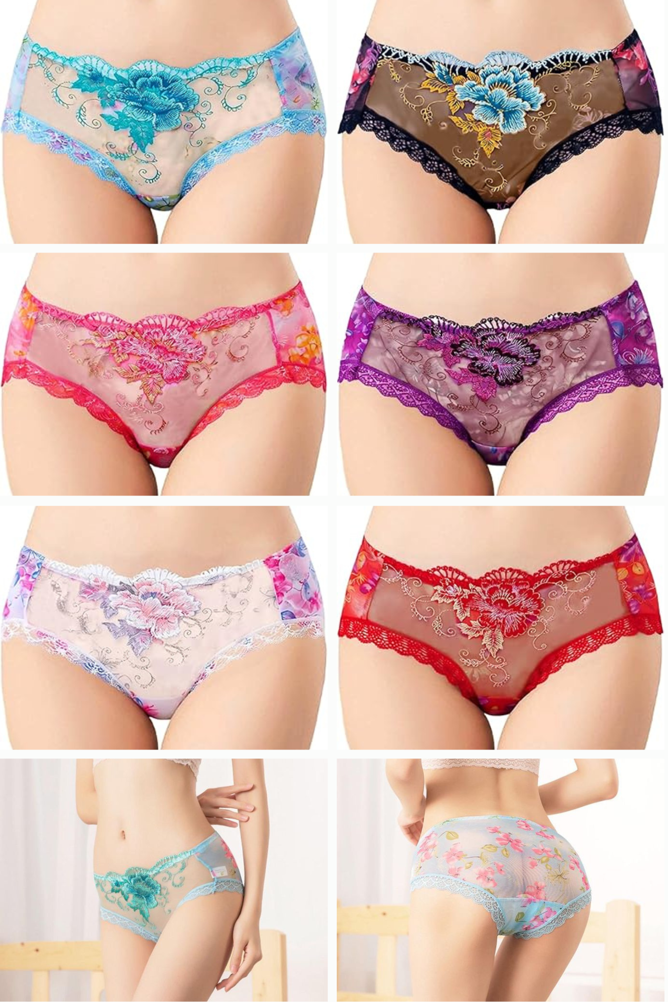 Collection of colorful lace panties worn by a ai model on displayed against a white background.