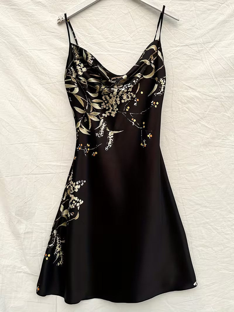 Midnight Botanica Cowl-Neck Mini Nightgown — Spaghetti Straps Backless Soft Satin