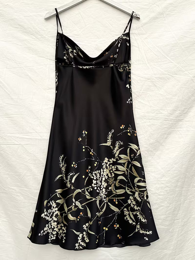 Midnight Botanica Cowl-Neck Mini Nightgown — Spaghetti Straps Backless Soft Satin