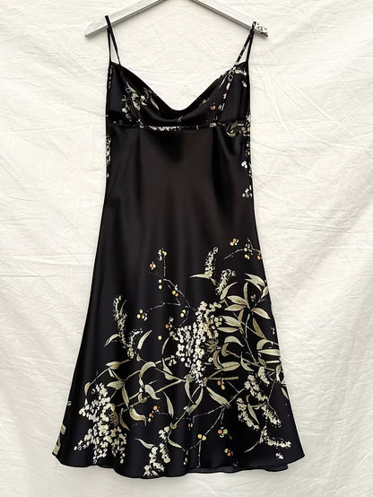 Midnight Botanica Cowl-Neck Mini Nightgown — Spaghetti Straps Backless Soft Satin