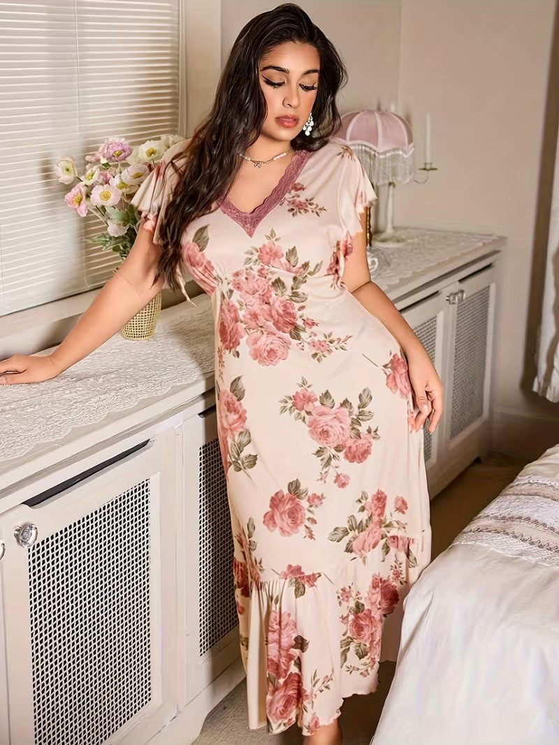 Women's Elegant Floral Print Nightgown — Short Sleeves & Lace Trim V-Neck