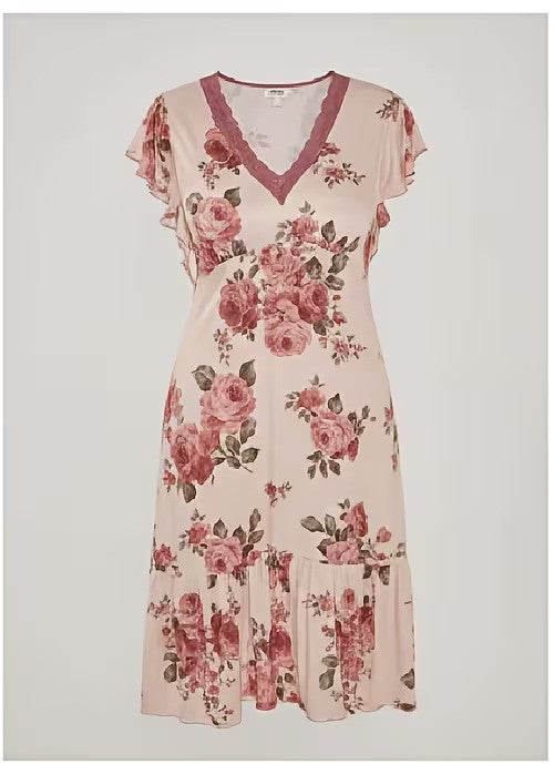 Women's Elegant Floral Print Nightgown — Short Sleeves & Lace Trim V-Neck