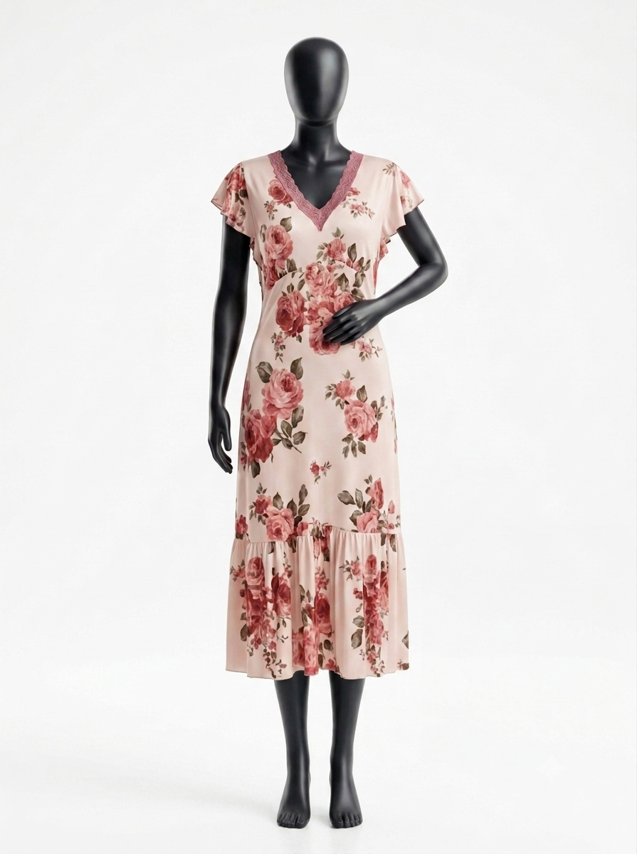 Women's Elegant Floral Print Nightgown — Short Sleeves & Lace Trim V-Neck