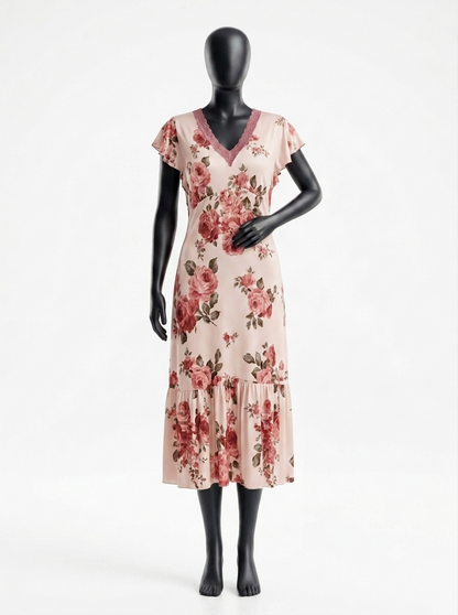 Women's Elegant Floral Print Nightgown — Short Sleeves & Lace Trim V-Neck