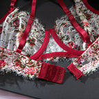 A Set Of Women's Lace Printed Gathered Bra Set Adjustable Cross-Border Floral Thongs Underwear