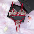 A Set Of Women's Lace Printed Gathered Bra Set Adjustable Cross-Border Floral Thongs Underwear