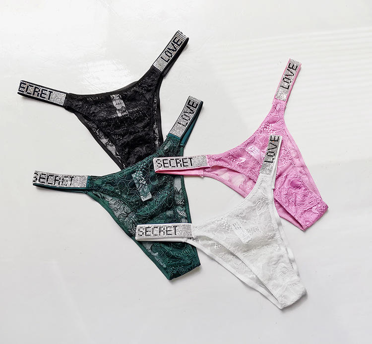 Pack of 4 pcs New Design Women's Sexy Breathable Thong Low-Rise Panties Sequined Rhinestone Lace Decoration Solid Pattern