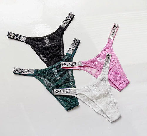 Pack of 4 pcs New Design Women's Sexy Breathable Thong Low-Rise Panties Sequined Rhinestone Lace Decoration Solid Pattern