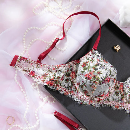 A Set Of Women's Lace Printed Gathered Bra Set Adjustable Cross-Border Floral Thongs Underwear