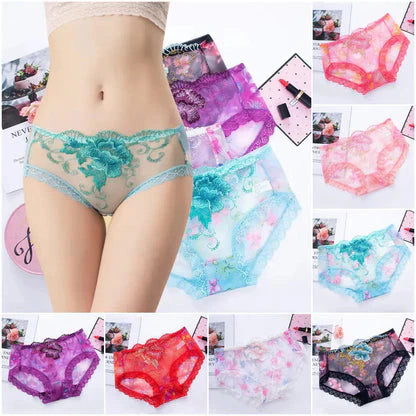 COMBO (6-PIS) Rose lace Embroidered Flower Panties Women's Sexy Transparent Low-Rise Ladies Briefs-thinqpink