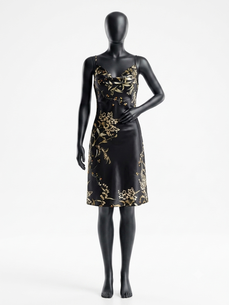Midnight Botanica Cowl-Neck Mini Nightgown — Spaghetti Straps Backless Soft Satin