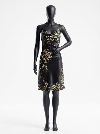 Midnight Botanica Cowl-Neck Mini Nightgown — Spaghetti Straps Backless Soft Satin