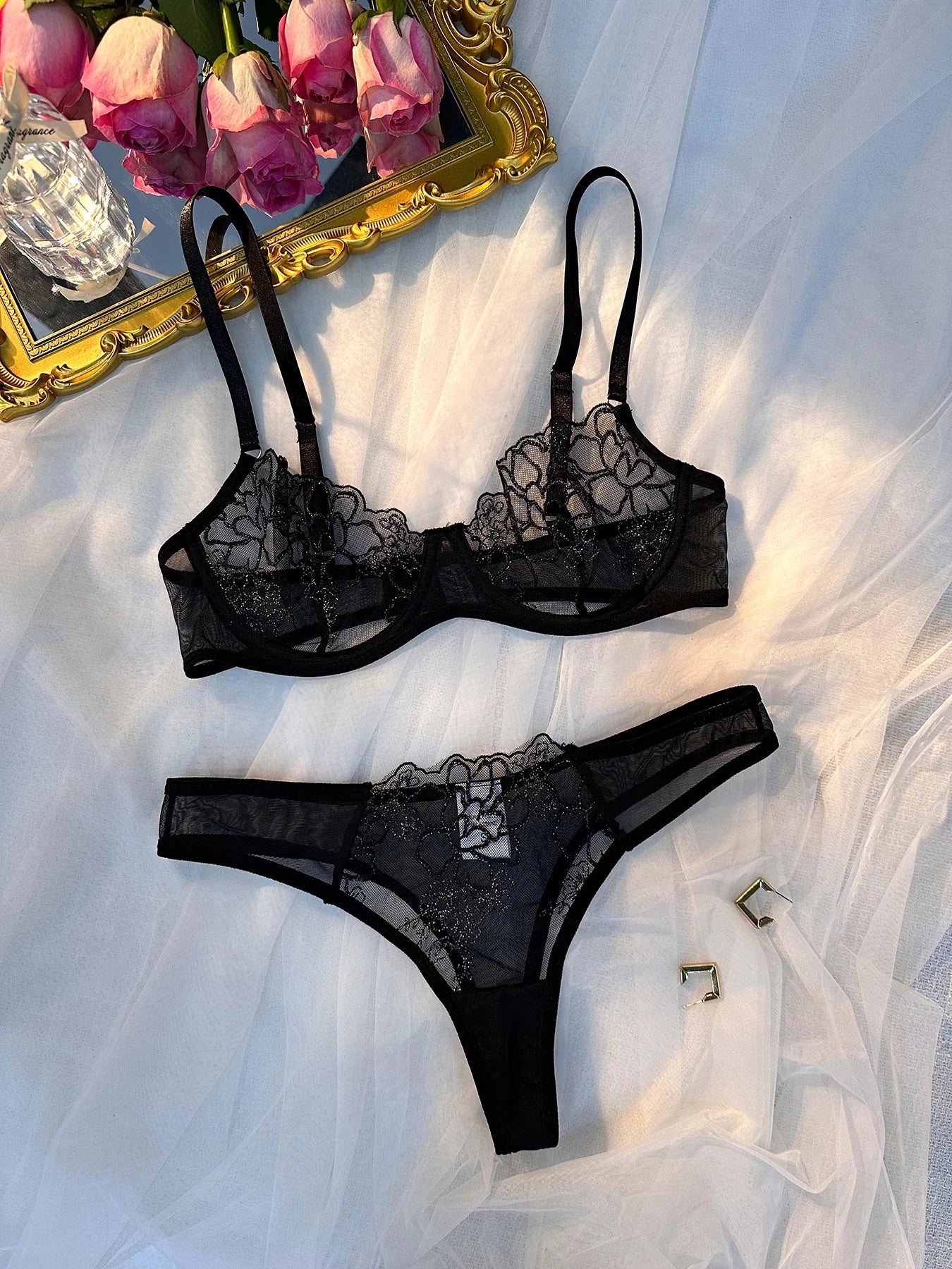 Classical Black Underwear Set Transparent Sexy Bras For Women Fairy Lingerie Kit Ultra Thin 