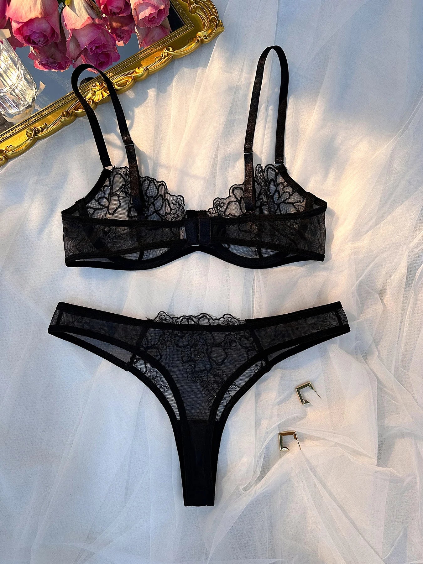 Classical Black Underwear Set Transparent Sexy Bras For Women Fairy Lingerie Kit Ultra Thin 