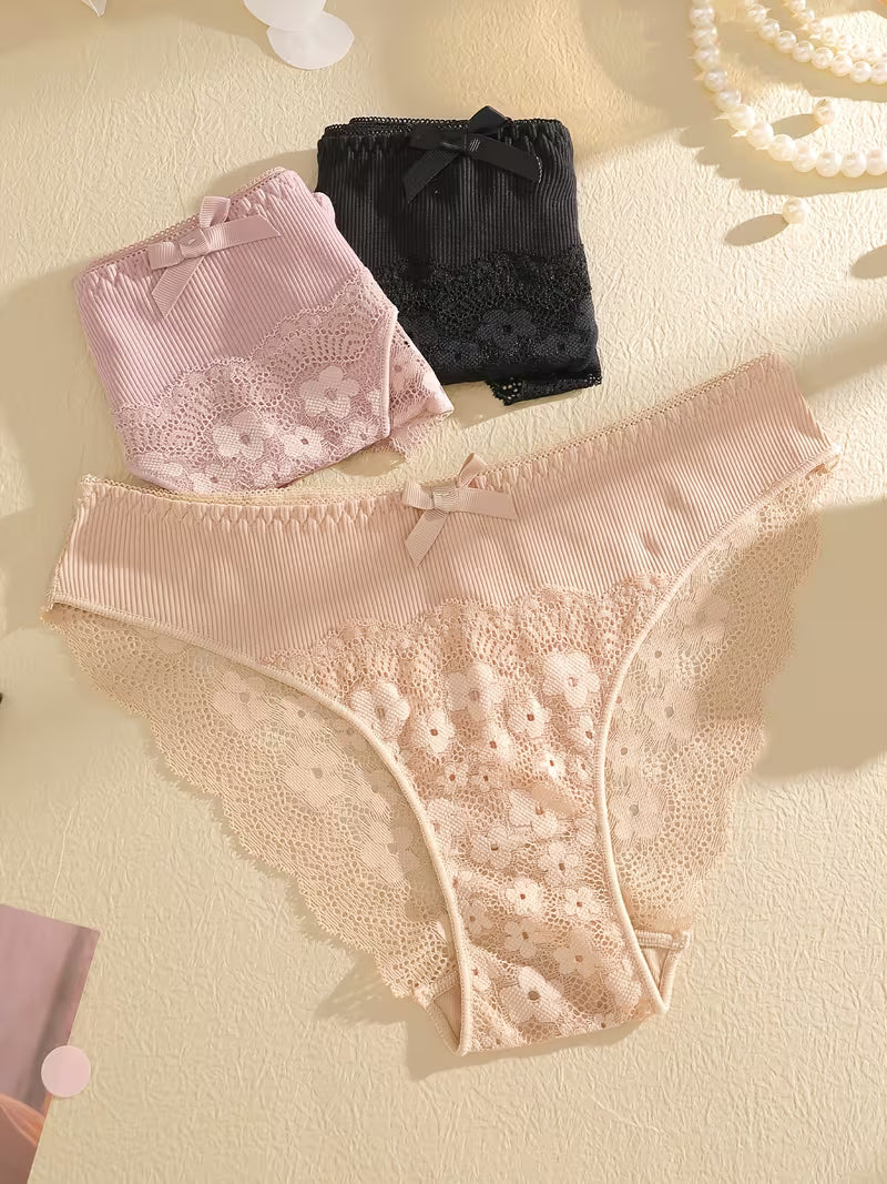 3-Pack Sexy Low-Waist Lace Briefs with Bowknot Breathable and Sexy Solid Color Design | TP