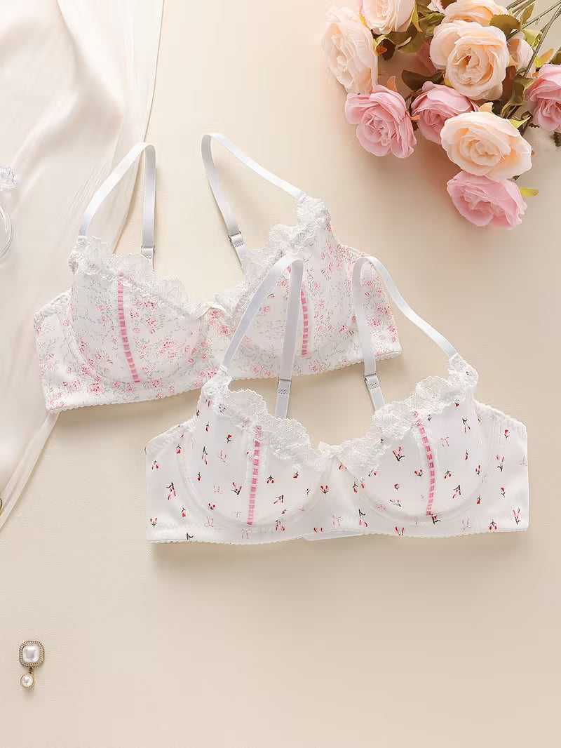 Set of 2 Women'S Bras with Underwire for Support And Shaping, Featuring Floral Lace Accents And Bow Decorations