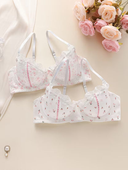 Set of 2 Women'S Bras with Underwire for Support And Shaping, Featuring Floral Lace Accents And Bow Decorations