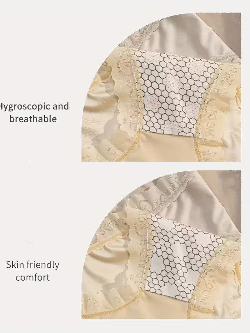 Textured fabric with honeycomb pattern and beige color, labeled as hygroscopic and breathable, skin friendly comfort.