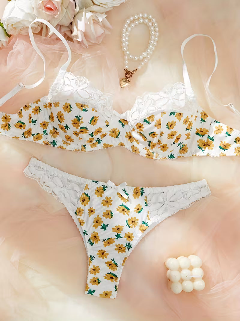 Women's Lace Bra & Panty Set - Floral Print Low-Rise Matching Underwear with Adjustable Strap Bra, Soft Lace Coverage,