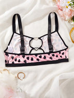women's lingerie with multicolored cow print, milk front design with cutouts and heart-shaped diamond buckle