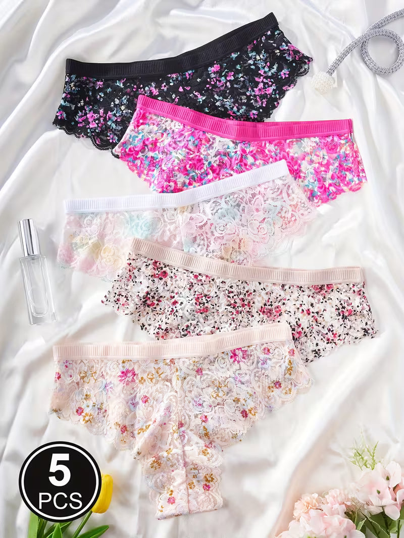 5pcs Semi Sheer Floral Printing Lace Panties Women Briefs Underwear