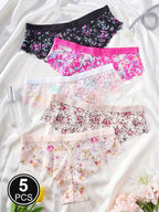 5pcs Semi Sheer Floral Printing Lace Panties Women Briefs Underwear