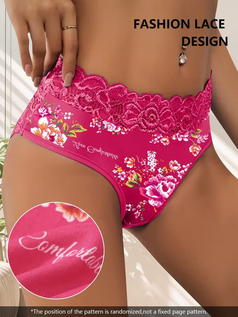 Pink floral lace underwear with a neutral background