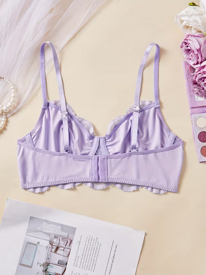Women's Romantic Spliced Lip Print Floral Pattern Embroidered Lace Bra