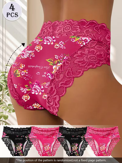 Pink lace underwear with floral patterns on a plain background