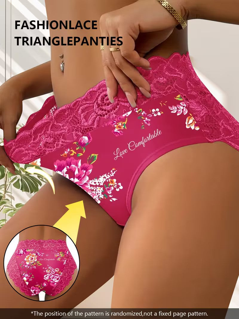 Pink lace triangle panties with floral design Product worn by a model.