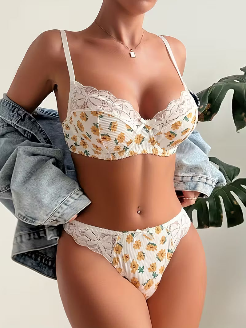 Women's Lace Bra & Panty Set - Floral Print Low-Rise Matching Underwear with Adjustable Strap Bra, Soft Lace Coverage,